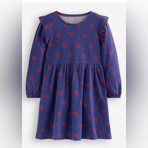 Mini Boden Long Sleeve Jersey Dress Blue with Red Bows Girls Size 5-6 NWT